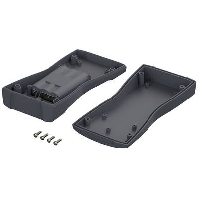 Plastic enclosure disassembled into two halves, secured with four screws. The housing is curved in design, suitable for electronic components.