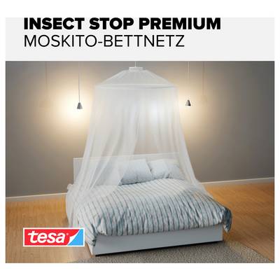 Advertising image for 'INSECT STOP PREMIUM MOSQUITO BED NET' by tesa: A bed is enveloped with a fine insect protection net.