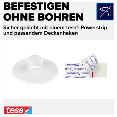 Advertisement: Ceiling hooks by tesa Powerstrips, fixed without drilling; text 'Fix without drilling' and 'Securely bonded' plus tesa logo.