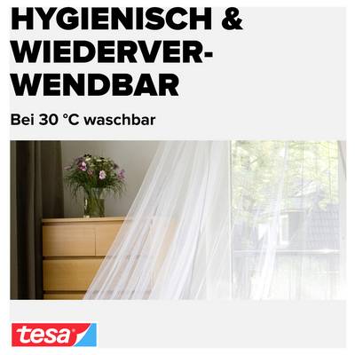 Advertising image with mosquito net and text 'HYGIENIC & REUSABLE' as well as 'Washable at 30 °C'; tesa logo at bottom left.