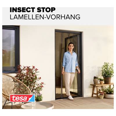 Advertisement for 'INSECT STOP LAMELLA CURTAIN': Woman standing in a patio door with insect screen curtain to keep insects away.
