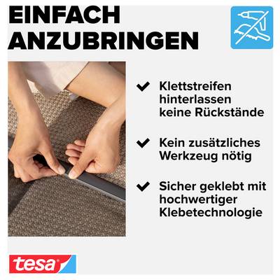 Instructional ad showing hands applying an adhesive strip; text says 'EINFACH ANZUBRINGEN' and notes no residue, no extra tools, and secure high-quality adhesive.<br>