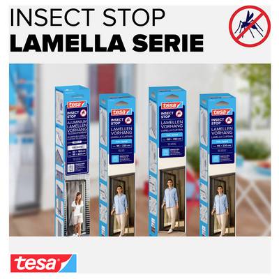Ad for tesa 'Insect Stop Lamella Serie' showing four blue insect screen door packages and a no-insect icon, promoting hanging strips for doorways.