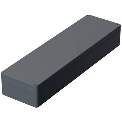 Rectangular, dark grey enclosure with screws at the corners. It has a flat top surface and rounded edges.