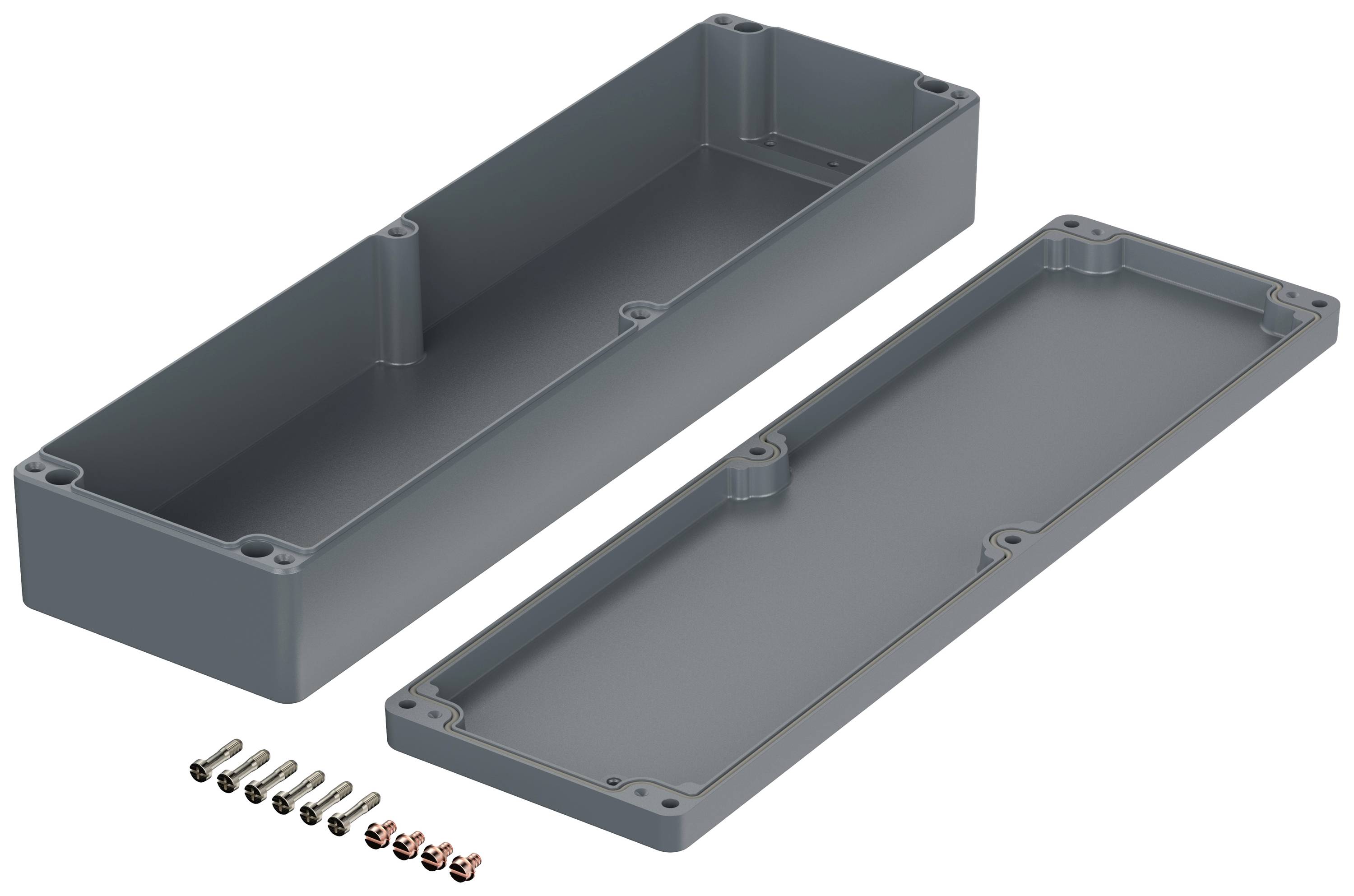A rectangular grey enclosure with a removable lid lies open. Beside it are screws and nuts for fastening.