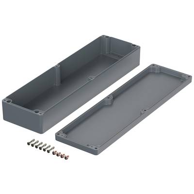 A rectangular grey enclosure with a removable lid lies open. Beside it are screws and nuts for fastening.