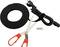 A pair of scissors lies next to a coiled black cable with a plug, a cable tie, and a small sign reading 'Fastech'.