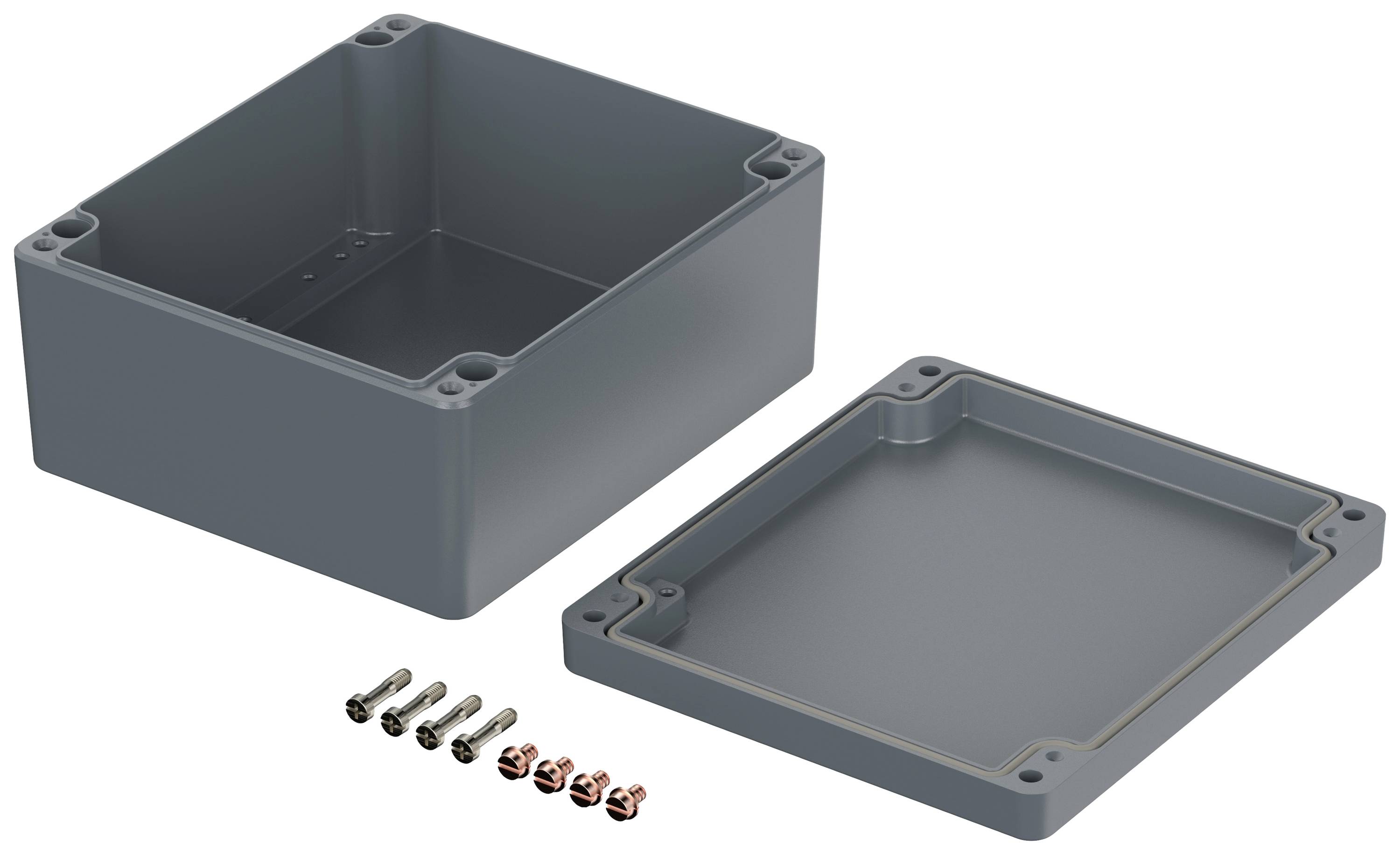 Plastic enclosure box with a removable lid, five screws and nuts beside it, suitable for electronic installations.