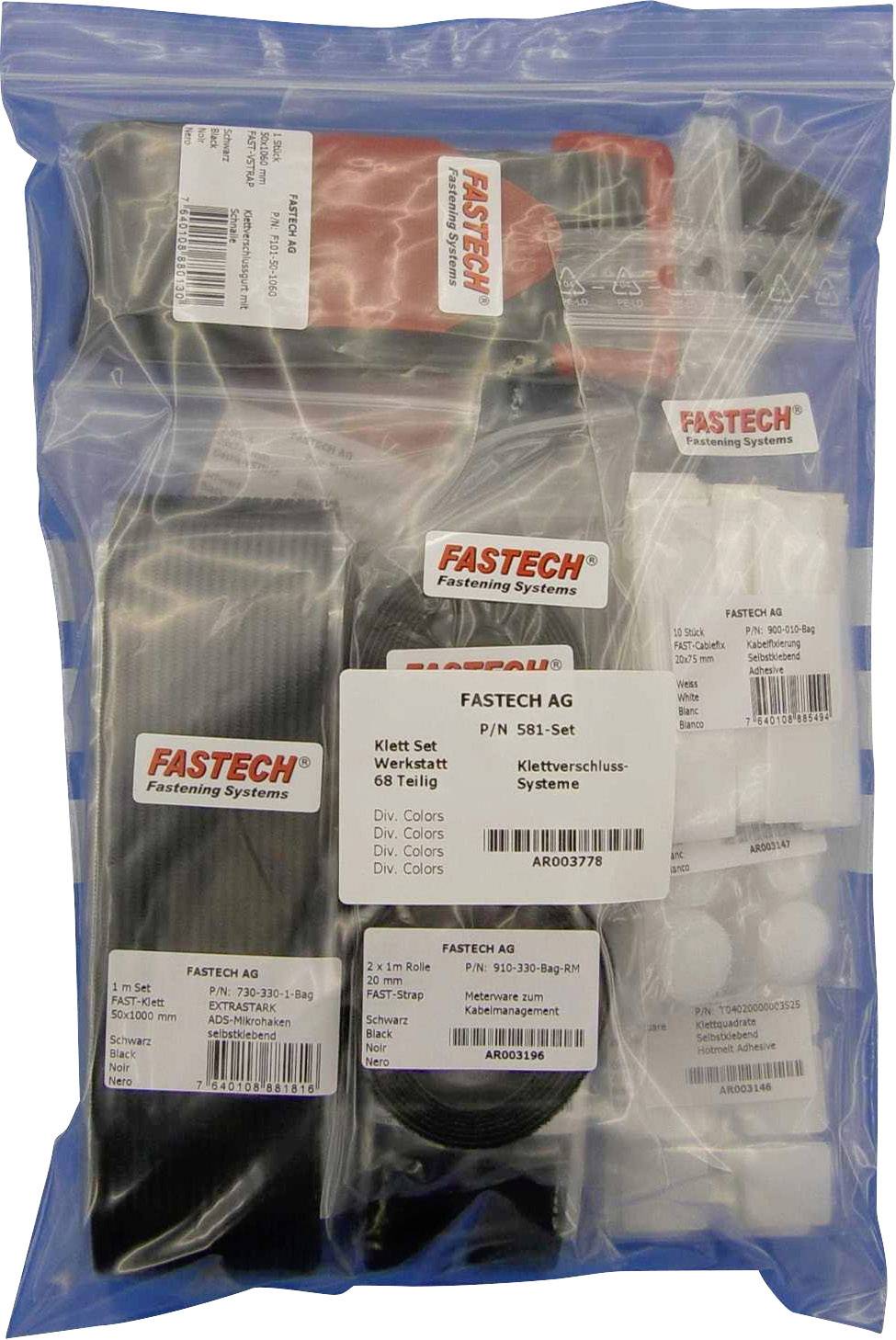 A sealed plastic bag with hook and loop fastener sets by Fastech. The bag contains various black and white components.
