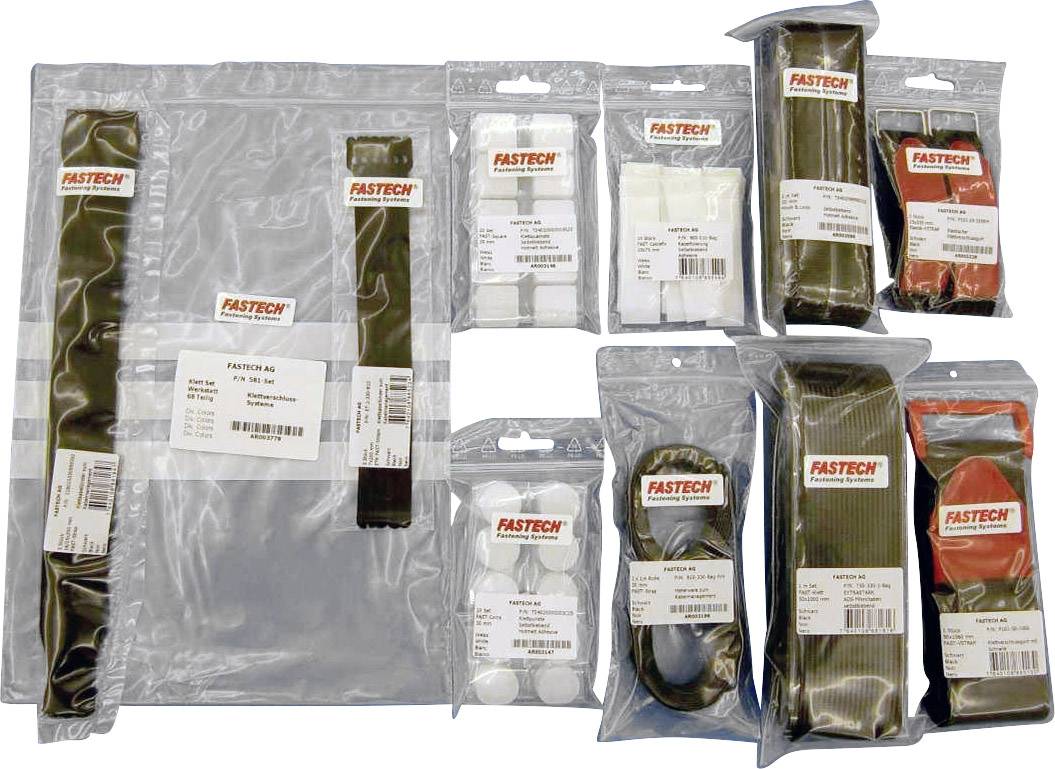 Various FASTECH packaging, including cable ties and fastening elements, in transparent bags with labels.