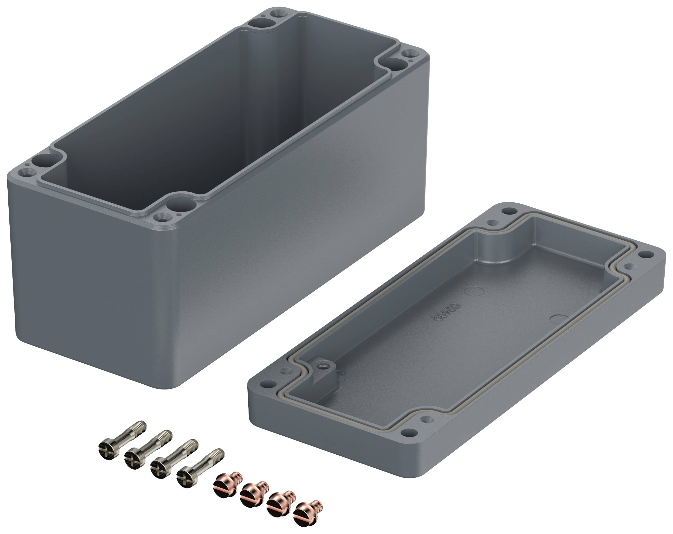 Grey plastic casing, rectangular, with a removable lid. Four screws and nuts lying beside it.