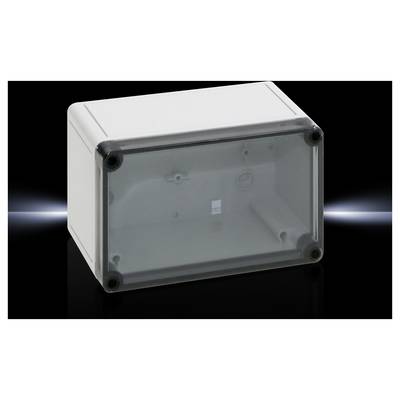 Grey rectangular electronics enclosure with a transparent lid and rounded corners, shown against a dark background.
