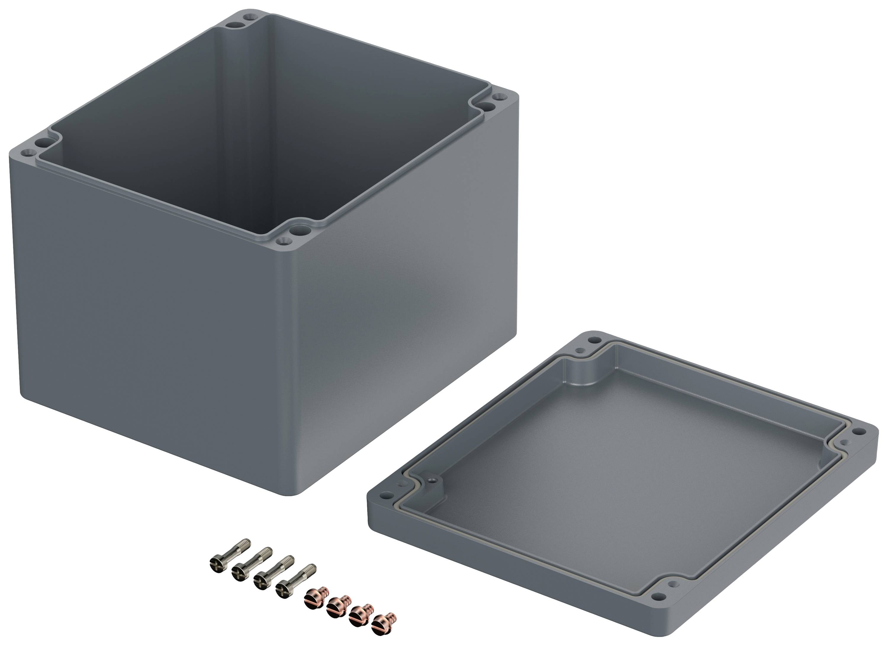 Grey rectangular plastic enclosure with its lid removed, with mounting screws lying beside it.