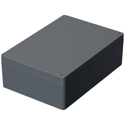 Rectangular, grey enclosure with screws at the corners, typically used for electronic components.