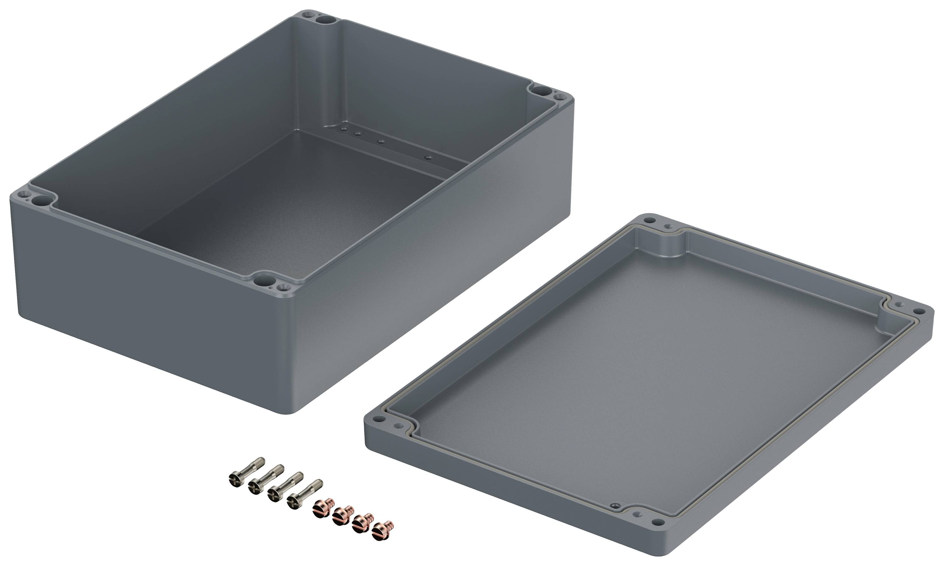 Grey rectangular enclosure with a removable lid and screws. Suitable for protecting electronic components.