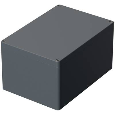 A rectangular, grey electronics enclosure with rounded edges and screws in the corners. It is used to protect components.