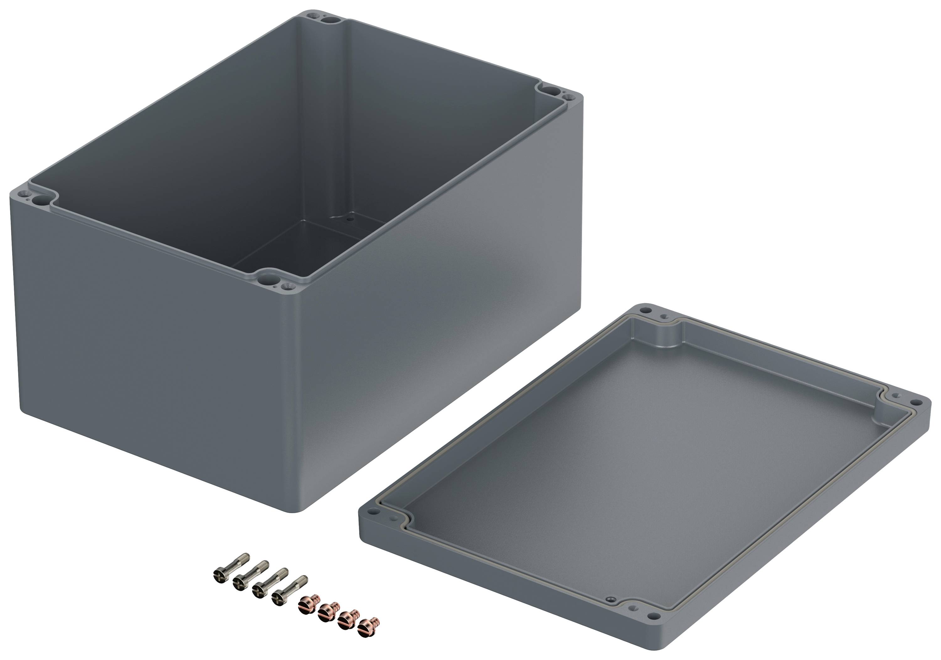 Grey rectangular enclosure with a removable lid, with screws beside it. Suitable for securely housing electronic components.