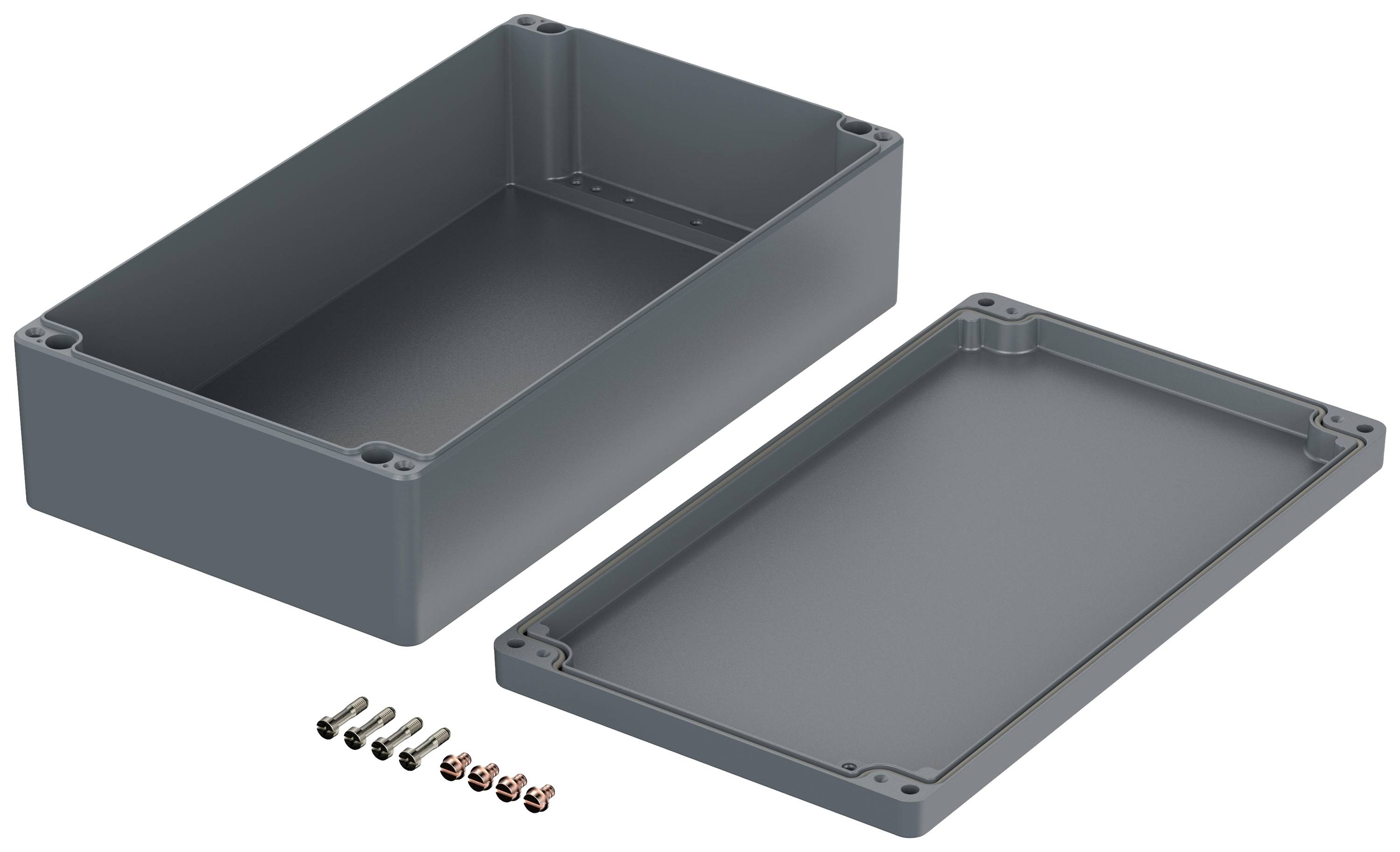 A rectangular grey enclosure with a removed lid and six screws.