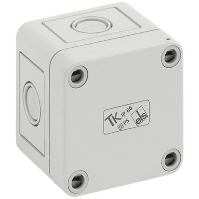 A grey electrical junction box by 'TK', IP66-certified, with four visible mounting screws at the corners.