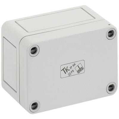 Rectangular grey plastic enclosure with four screws at the corners. 'TK IP66' is printed centrally, and it provides protection against dust and water.