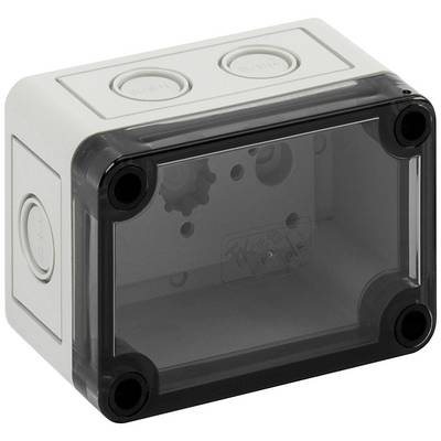 A rectangular, grey plastic enclosure with a transparent lid, suitable for housing electrical components.