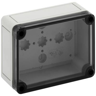 Grey, rectangular electronics enclosure box with a transparent lid and rounded corners, suitable for indoor installations.