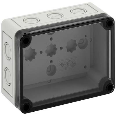 Rectangular grey plastic enclosure with a transparent cover and multiple pre-moulded holes for cable entry.
