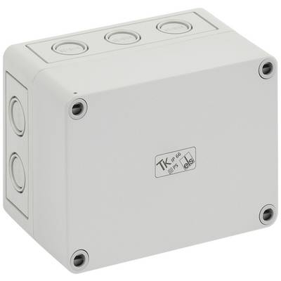 Plastic junction box with four screws at the corners and multiple cable entry points. Suitable for electrical installations.