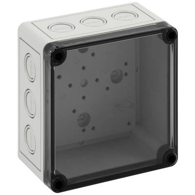 A grey plastic junction box with a transparent lid, suitable for electrical installations in indoor or outdoor areas.