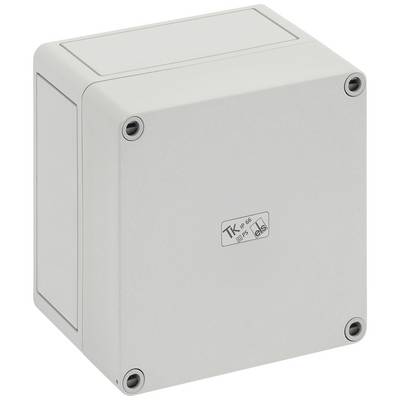 A rectangular, grey enclosure with rounded corners and four mounting screws at the corners. A stamped logo is located on the front face.