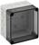 Translucent grey plastic junction box with removable front cover, pre-formed openings on the sides, suitable for cable connections.