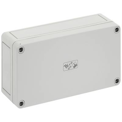 Rectangular grey enclosure with screw fasteners, suitable for electrical engineering, rated 'IP66' for dust and water protection.