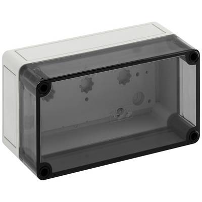 Rectangular, transparent plastic enclosure with four black corners. It is empty and designed for housing electronic components.