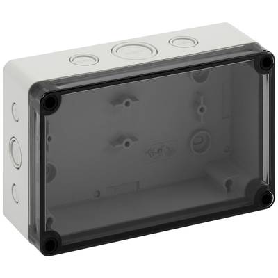 Plastic enclosure with a transparent cover and multiple circular openings; suitable for housing electronic components.