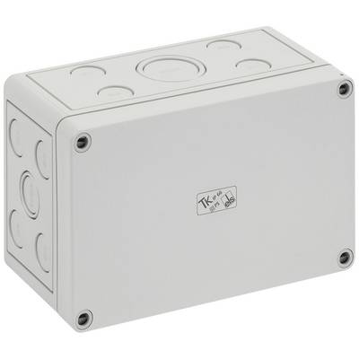 Grey rectangular plastic box with screws in each corner and round cutouts on the sides. Printed with 'TK IP66'.