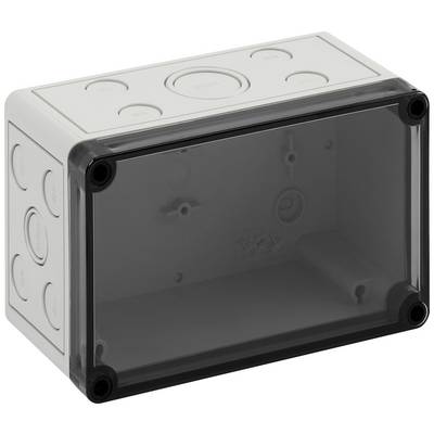 Rectangular plastic electronics enclosure with a transparent lid and multiple round openings on the sides.