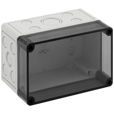 Rectangular, transparent plastic box with a black border and rounded recesses on the sides.