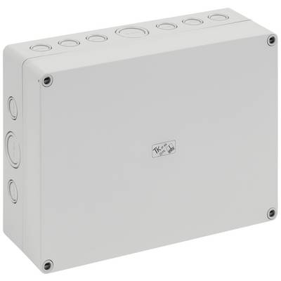 A white, rectangular plastic junction box with removable cable entries, suitable for electrical cable installation.