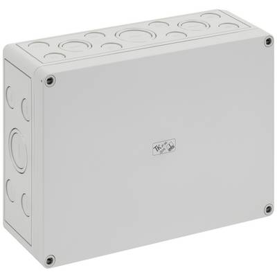 Rectangular grey plastic casing with several round knockout holes on the sides, for use as an electrical junction box.