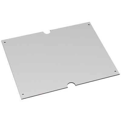 A rectangular metal plate with four holes at the corners and two recesses on opposite sides, placed on a white surface.