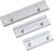 Three silver metal plates of different sizes, rectangular, with multiple holes and screws, are lying side by side on a white surface.