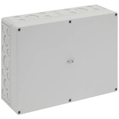 Rectangular, grey distribution box with rounded corners and multiple screw holes along the edges, suitable for cable connections.