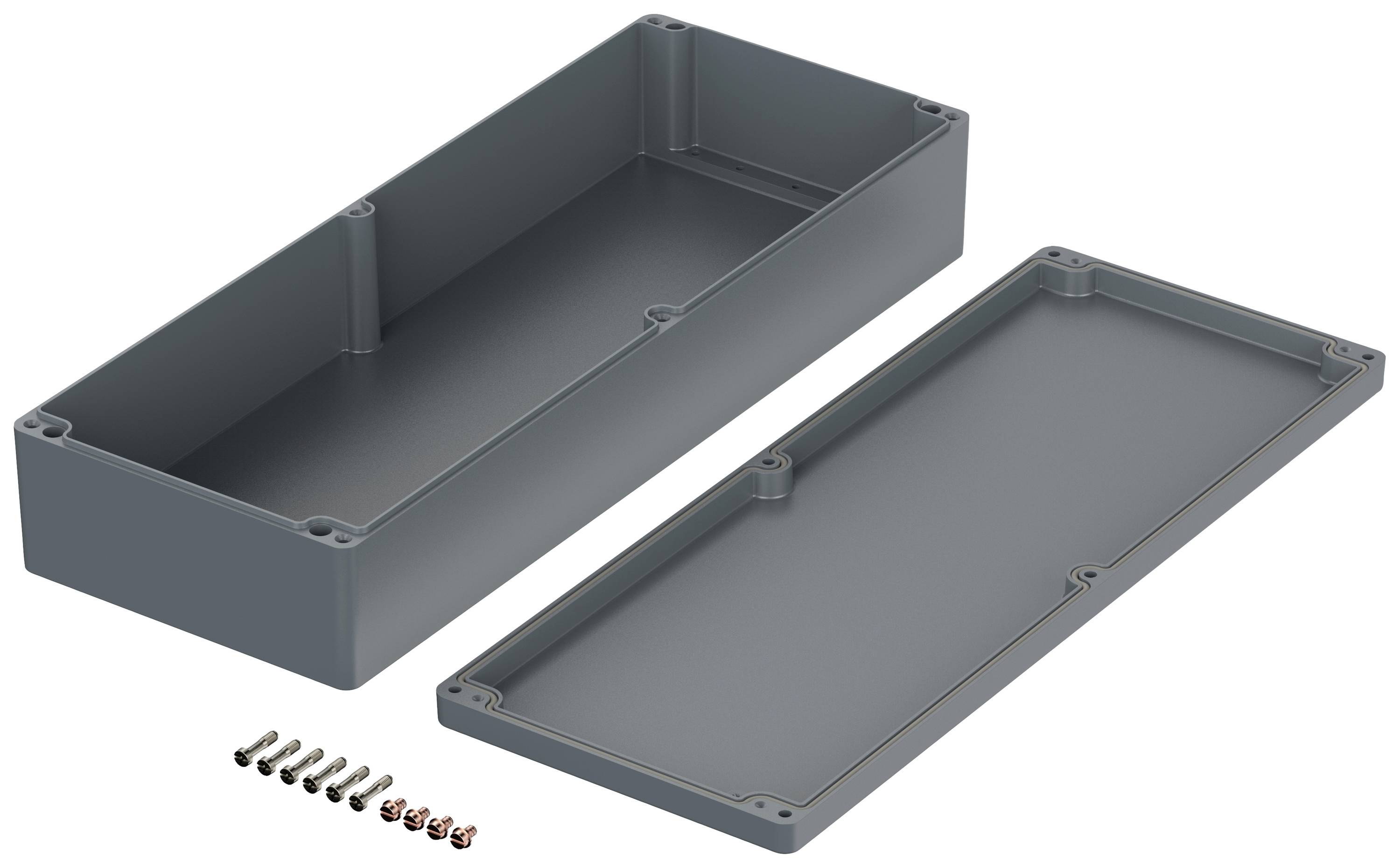 Grey rectangular plastic housing in two parts with accompanying screw set. Suitable for electronic projects.