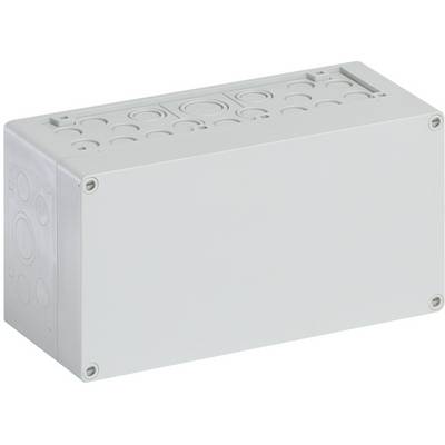 Grey plastic junction box with removable cover and multiple round inlet and outlet openings of varying sizes.