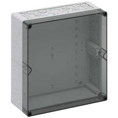 Rectangular, transparent plastic enclosure with a removable front panel and round cable entry points on the sides.