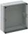 Rectangular, transparent plastic enclosure with a removable front panel and round cable entry points on the sides.