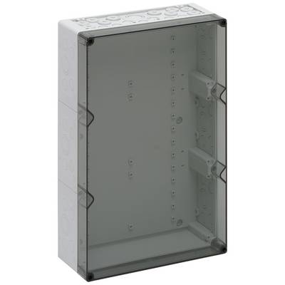 Plastic enclosure with transparent lid, designed for wall mounting. Suitable for electrical installations and cable connections.