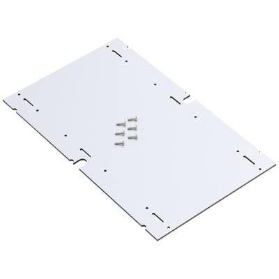White rectangular metal plate with rounded corners, featuring several slots along the sides. Eight small screws are lying on the plate.