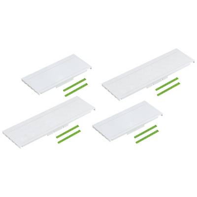 Four white light tube covers with green stripes, evenly arranged on a white background.
