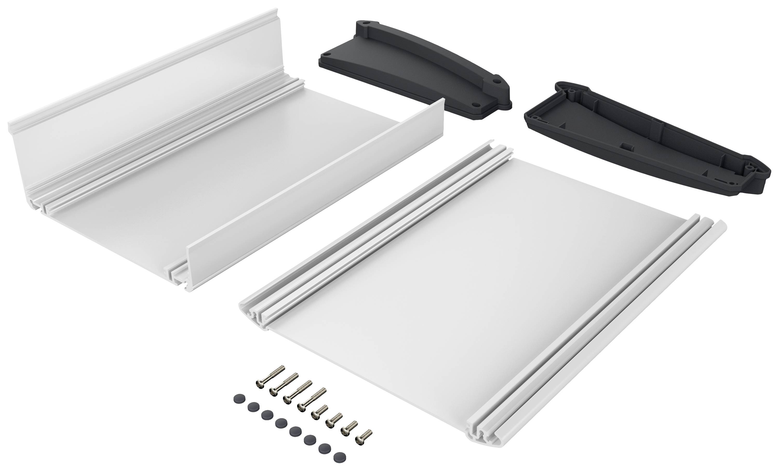 Assembly of a shelving unit with metal and plastic components, fixing screws, and washers.
